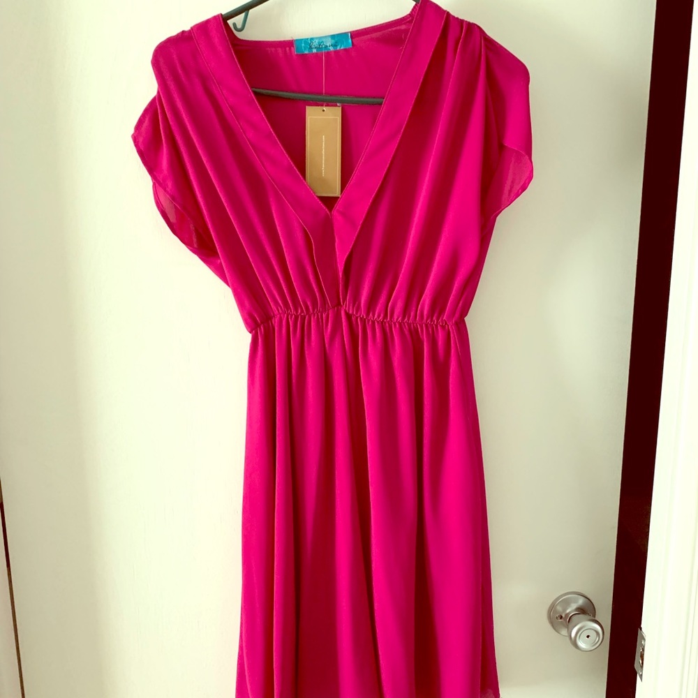 NWT, fuchsia dress with flutter sleeve